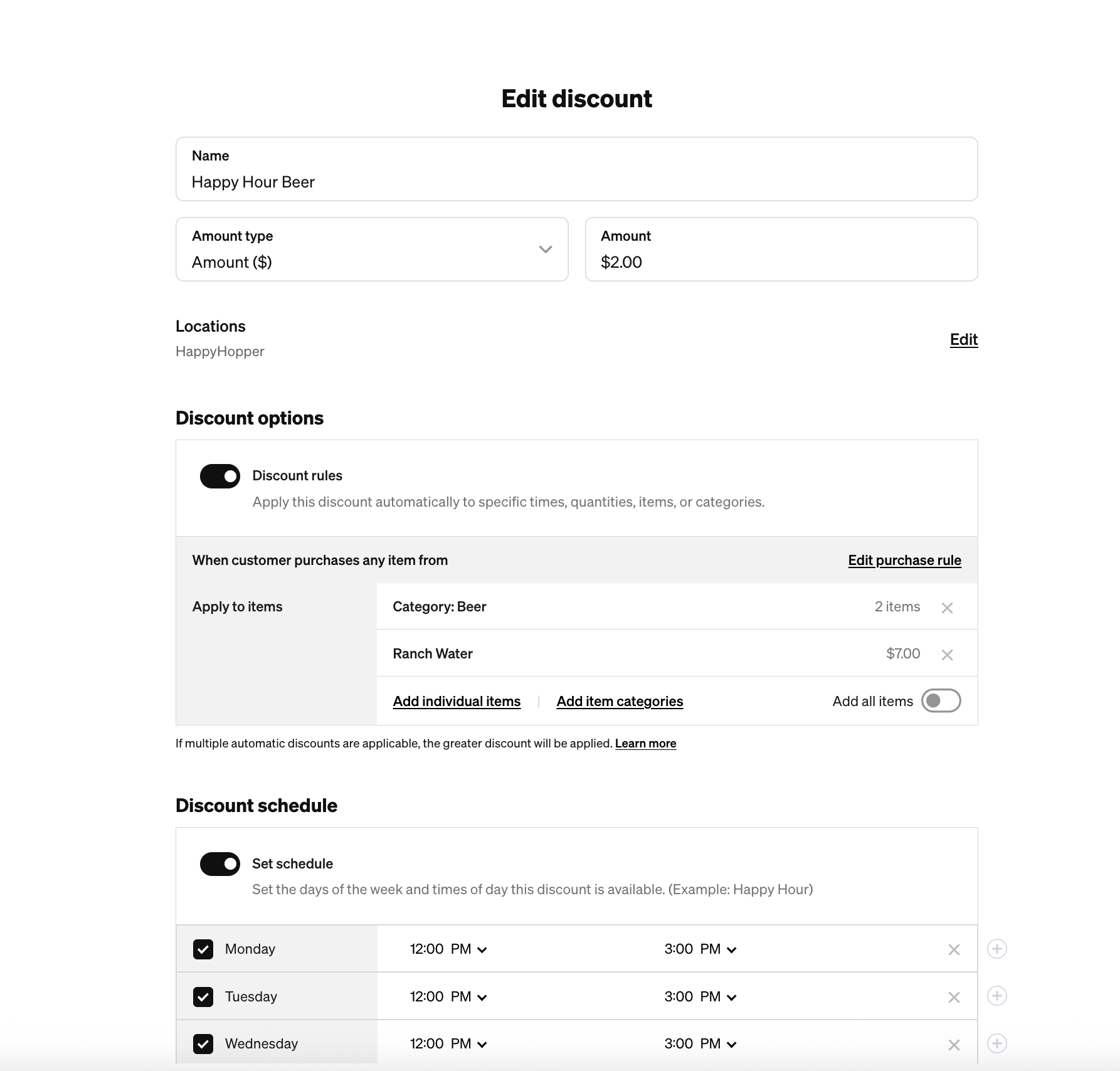 The Edit discount screen in Square showing a Happy Hour Beer discount with a $2.00 amount, applied to specific items, and a schedule set for Monday-Wednesday 12:00 PM to 3:00 PM